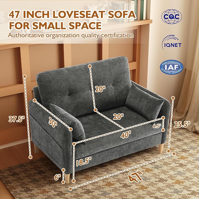 Urhanherry 47" Small Sofa Couch for Bedroom, Soft Chenille loveseat Mini Couch with Throw Pillow and Removable Cushion Cover for Small Spaces, Living Room, Apartment, Dorm, Office(Dark Grey)