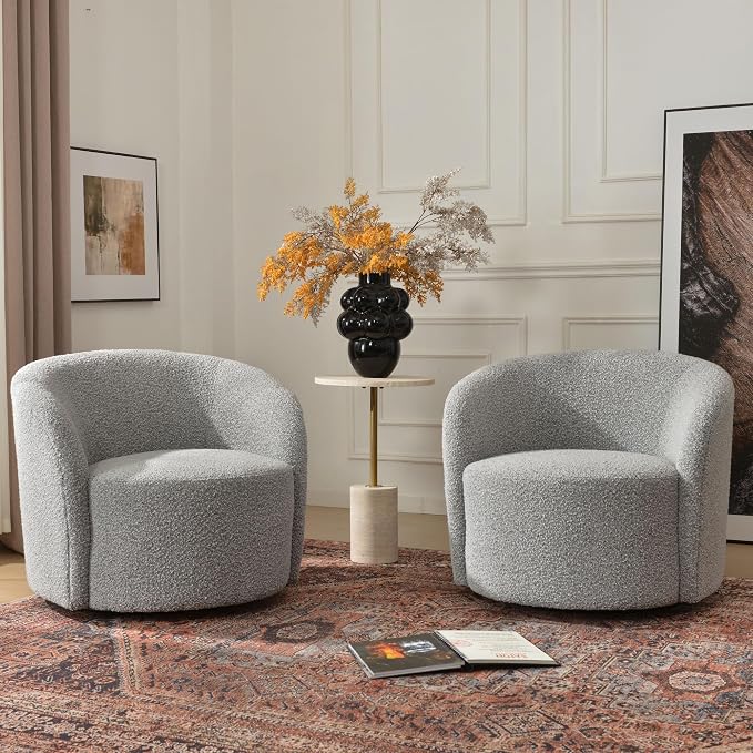 KINWELL 34" W Swivel Barrel Chair Set of 2, Mid Century Modern Round Upholstered Boucle Swivel Accent Chairs, No Assembly Sofa Chair for Living Room Bedroom Reading, Black White