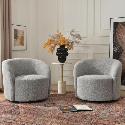 KINWELL 34" W Swivel Barrel Chair Set of 2, Mid Century Modern Round Upholstered Boucle Swivel Accent Chairs, No Assembly Sofa Chair for Living Room Bedroom Reading, Black White