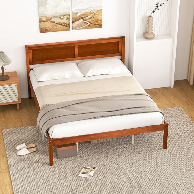 Giantex Queen Wood Platform Bed Frame with Headboard, Mid Century Queen Bed Frame with Wood Slat Support, Solid Wood Foundation with 16" Under Bed Storage, No Box Spring Needed, Easy Assembly