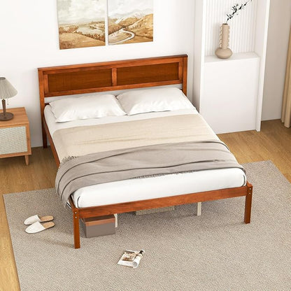 Giantex Queen Wood Platform Bed Frame with Headboard, Mid Century Queen Bed Frame with Wood Slat Support, Solid Wood Foundation with 16" Under Bed Storage, No Box Spring Needed, Easy Assembly