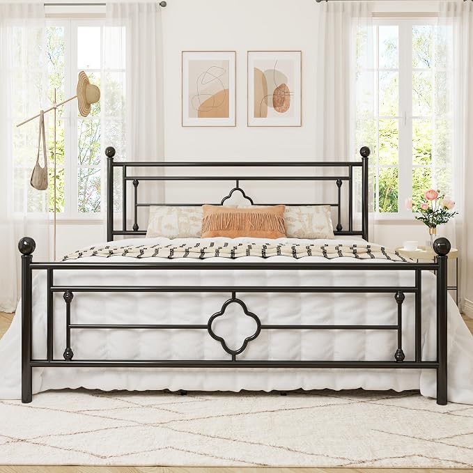 Allewie King Size Metal Platform Bed Frame with Victorian Vintage Headboard and Footboard/Mattress Foundation/Under Bed Storage/No Box Spring Needed/Noise-Free/Easy Assembly, Black