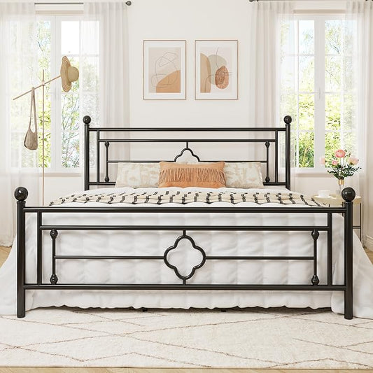 Allewie King Size Metal Platform Bed Frame with Victorian Vintage Headboard and Footboard/Mattress Foundation/Under Bed Storage/No Box Spring Needed/Noise-Free/Easy Assembly, Black