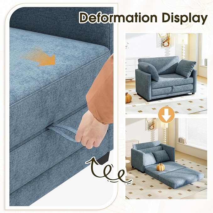 Myroyalsit 51" Convertible Loveseat Sofa Bed, 2-in-1 Folding Sofa Bed with 2 Pillow for Small Spaces, Modern Loveseat Sleeper Couch for Apartment, Living Room & Guest Room (Light Blue)