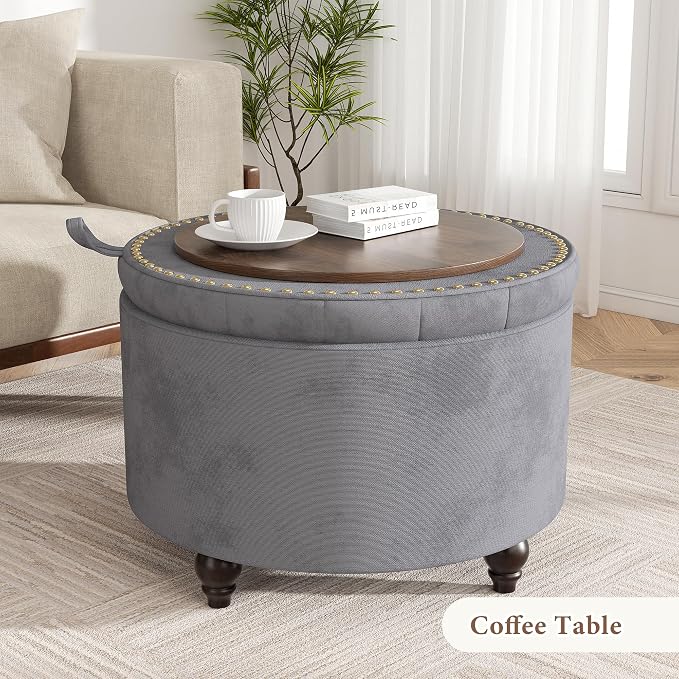 24 Inch Round Storage Ottoman,Modern Tufted Ottomans,Circular Coffee Table with Removable Top,Upholstered Large Ottoman with Storage Footrest Stool for Bedroom Living Room (Lightgrey)