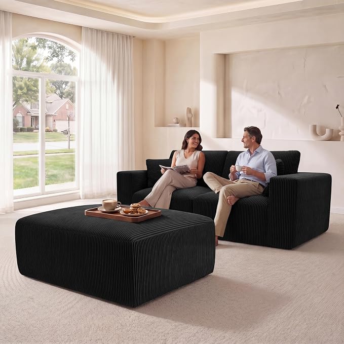 Modular Sectional Sofa with Ottoman, L-Shaped Cloud Couch, 79" Memory Foam Boneless Loveseat with Chaise, No Assembly Required Corduroy Frameless Sofa for Small Living Room Apartment Home Decor, Black