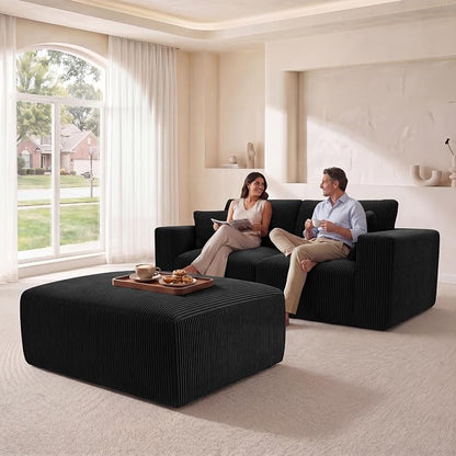 Modular Sectional Sofa with Ottoman, L-Shaped Cloud Couch, 79" Memory Foam Boneless Loveseat with Chaise, No Assembly Required Corduroy Frameless Sofa for Small Living Room Apartment Home Decor, Black