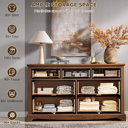 T4TREAM Farmhouse Dressers & Night Stand Set of 4, 54" Wide 7 Drawer Dresser & 48" Tall 6 Drawers Chests, 18" Wide 2 Drawers Side Table Set of 2, Furniture Dresser Sets for Home, Light Walnut