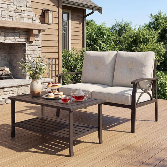 FansaFurn 2-Pieces Outdoor Patio Furniture Set, Outdoor Metal Sectional Furniture with Cushions, Outdoor Conversation Set with Coffee Table for Deck, Backyard, Garden, Balcony, Khaki