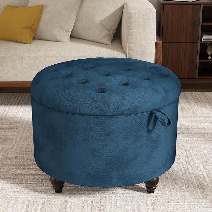 24 Inch Round Storage Ottoman,Modern Tufted Ottomans,Circular Coffee Table with Removable Top,Upholstered Large Ottoman with Storage Footrest Stool for Bedroom Living Room (Blue)