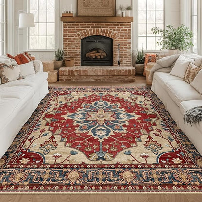 RELEANY Area Rugs Square 8ft Washable Non-Slip, Floral Vintage Distress Medallion Carpet for Living Room Bedroom Dining Room, Red Blue