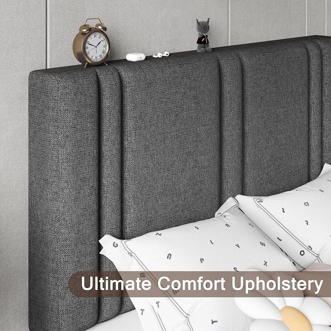 Einhomn Upholstered Twin Size Bed Frame with Linen Fabric Headboard, Strong Wooden Slats Support, Noise Free, No Box Spring Needed, Dark Grey