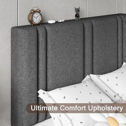 Einhomn Upholstered Twin Size Bed Frame with Linen Fabric Headboard, Strong Wooden Slats Support, Noise Free, No Box Spring Needed, Dark Grey