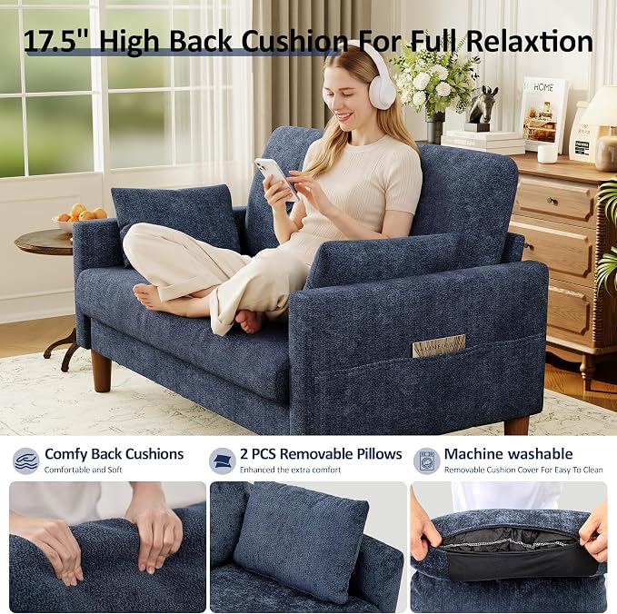 Vipbear 48" Loveseat Sofa,Modern Small Couches for Small Spaces,Blue Chenille Love Seat Couch for Living Room,Bedroom,Apartment,Office,Deep Seat,Throw Pillow,Side Pockets,Square Armrest