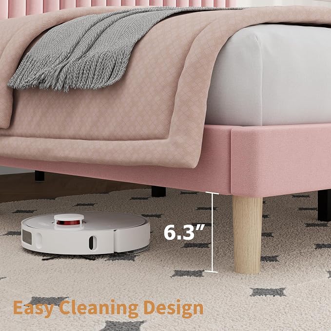IDEALHOUSE Full Bed Frame with Adjustable Headboard, Velvet Upholstered Platform Bed Frame Full Size, Strong Wooden Slats, No Box Spring Needed, Easy Assembly, Pink