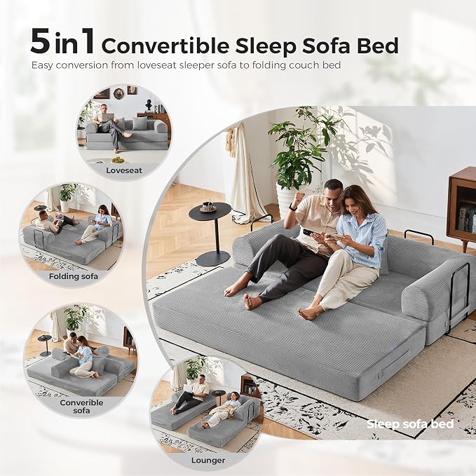 79" 5-in-1 Convertible Sofa Bed No Assembly, Boneless Couch Bed with High Density Foam, Foldable Sleeper Sofa, Corduroy Modular Couch for Apartment, Studio, Dorm Room, Small Space, Light Grey