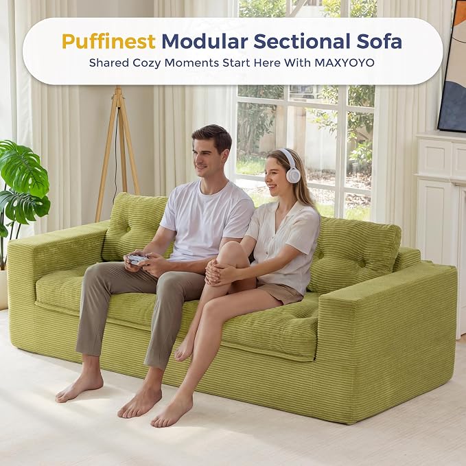 MAXYOYO 79" Loveseat Sofa Couch for Small Spaces, Upholstered Boneless Cloud Couch for Apartment Bedroom, 3-Seater Love Seat Floor Modern Sofa with Pillows, No Assembly Required, Green