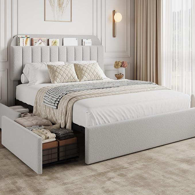 GarveeHome Full Bed Frame with Storage Headboard, Kids Bed Frame with 2 Drawers, Boucle Upholstered Platform Bed with Bookcase, No Box Spring Needed, Easy Assembly, Light Gray