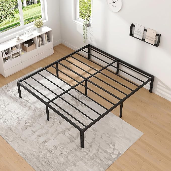NEW JETO Metal Bed Frame,Full Size Bed Frame with Storage Space,Heavy Duty Sturdy Mattress Foundation,Easy Assembly,No Box Spring Needed, Black,16 Inch,Full