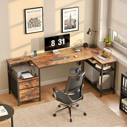 Korfile 57 Inch L Shaped Gaming Desk with Power Outlets and Type-C Port, Reversible Computer Office Desk with 2 Fabric Drawers & Mesh Shelves, Corner Desk for Study Work Writing Desk, Rustic Brown