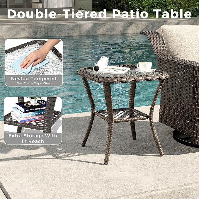 7 Pieces Patio Conversation Furniture Set - 2 Sofas, 2 Ottomans, 2 Swivel Chairs, 1 Side Table, Outdoor Wicker Furniture with Removable Cushions for Porch, Balcony, Sunroom (Beige)