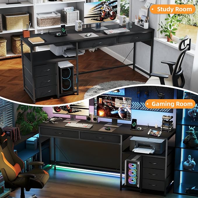 YOSHOOT 60" Computer Desk with 5 Fabric Drawers, Gaming Desk Table | Desk with Storage and Power Outlets, for Adults and Teenagers Working Writing Study, Black