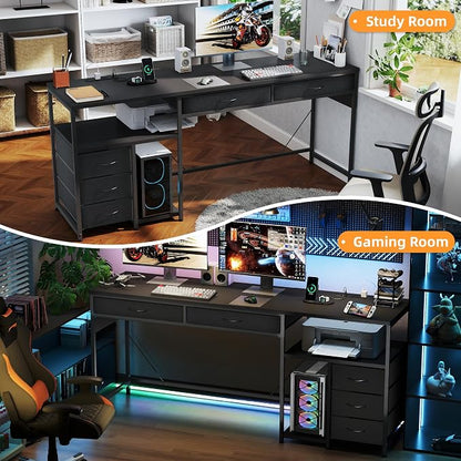 YOSHOOT 60" Computer Desk with 5 Fabric Drawers, Gaming Desk Table | Desk with Storage and Power Outlets, for Adults and Teenagers Working Writing Study, Black