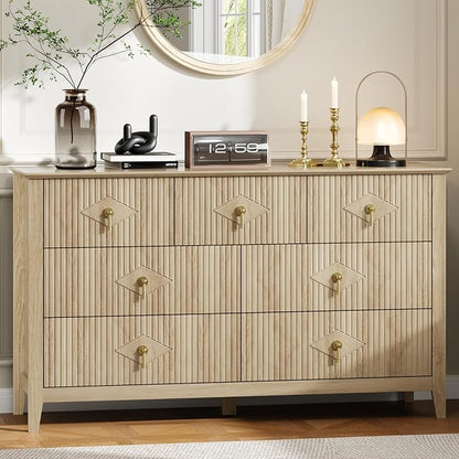 GarveeHome Fluted Dresser for Bedroom, 54 Inch Wide 7-Drawer Wood Dresser, Modern Chest of Drawers, Storage Organizer Cabinet for Living Room, Hallway, Entryway, Natural