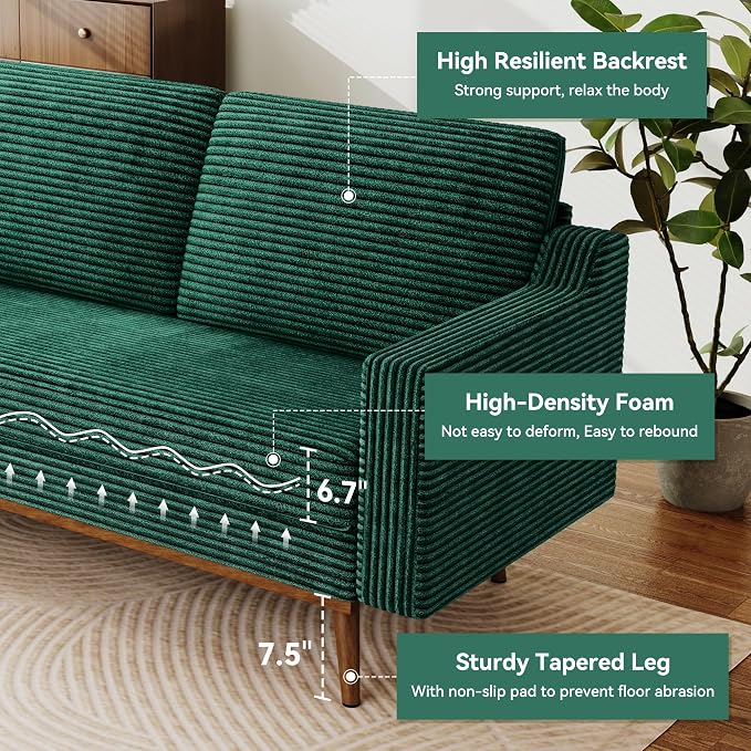 65" Loveseat Sofa, Comfy Green Corduroy Couches for Living Room, Mid Century Modern Love Seat Sofa, Tool-Free Setup Small Couches for Bedroom Office