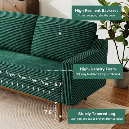 65" Loveseat Sofa, Comfy Green Corduroy Couches for Living Room, Mid Century Modern Love Seat Sofa, Tool-Free Setup Small Couches for Bedroom Office