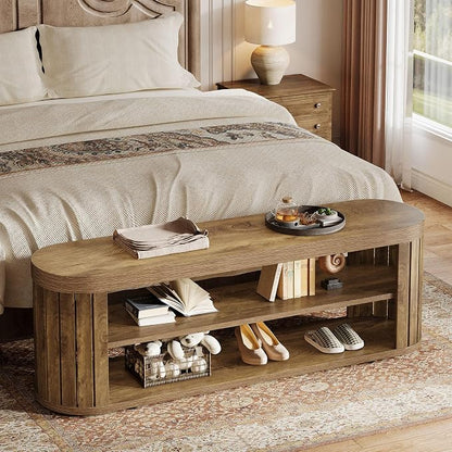 Tribesigns 47.2" Wooden Entryway Bench with 2-Tier Shoe Storage, Farmhouse Dining Bench with Adjustable Foot Pads, End of Bed Stool for Bedroom, Hallway, Living Room, Dining Room, Light Brown