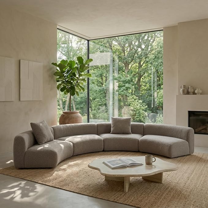 Acanva Formia Boucle Curved Sectional Sofa, 3 Armless Chairs, Light Coffee | Modular Couch, Modern Minimalist, Wood Frame, For Living Room, Apartment, Home Office