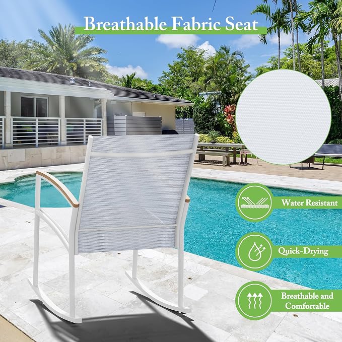 Shintenchi 3 Pieces Patio Rocking Bistro Sets,Outdoor Textilene Fabric Conversation Bistro Set,Front Porch Rocker Chairs Small Patio Furniture Set with Table for Lawn,Garden,Balcony(White)