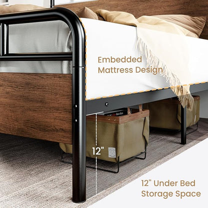 SHA CERLIN King Size Bed Frame with Wooden Headboard and Footboard, Rounded Corner Metal Structure, Heavy Duty Slats with Under-Bed Storage, No Box Spring Needed, Walnut