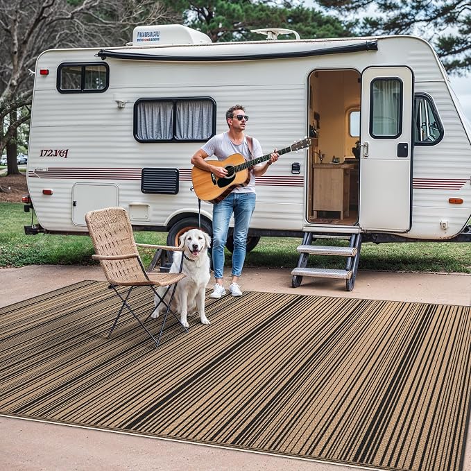 GENIMO Outdoor Rug for Patio Clearance, 5'x8' Reversible Plastic Straw Rugs, Lightweight Waterproof RV Camping Mat for Camper, Balcony, Deck, Backyard, Picnic, BlackBrown
