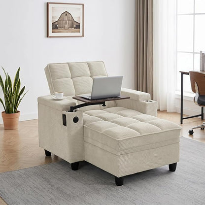 Convertible Sleeper Chair, Pull Out Sofa Bed with Adjustable Backrest & Hidden Storage Armrest, Single Sofa Recliner with USB Charging Port & Cup Holders for Living Room, Bedroom, Beige