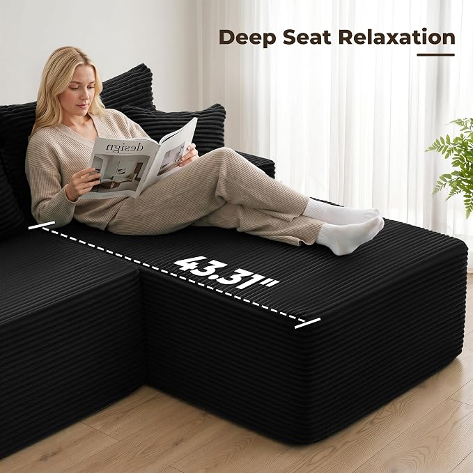 Mangodan 118'' Cloud Sectional Couch, U Shaped Boneless Couches for Living Room, Modular Sectional Sofa with Deep Seat Right Facing Chaise, Comfy Cloud Couch Sofa, Black
