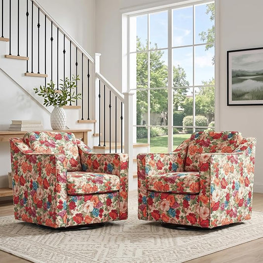 Swivel Accent Chair, Modern Round Barrel Arm Chair for Living Room, Bedroom, Comfy Club Reading Chairs for Adults (Beige Floral, Set of 2)