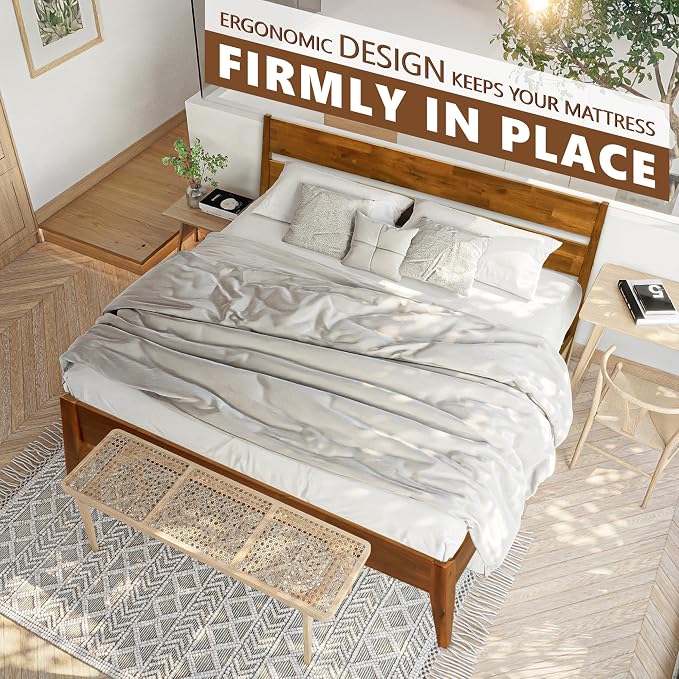 Acacia Emery Bed Frame with Headboard Solid Wood Platform Bed, Queen Size Bed Frame, Mid - Century Modern Wood Bed Compatible with All Mattresses, Easy Assembly, Non-Slip, Caramel.