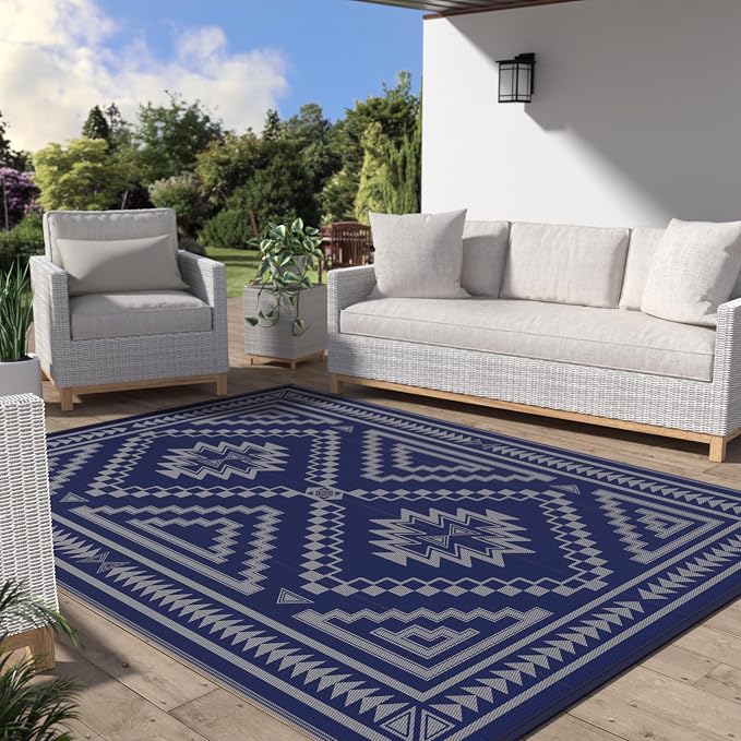 GENIMO Outdoor Rug for Patio Clearance - 5x8 ft Waterproof Plastic Camping Rugs, Reversible Outside Rv Mat Carpet for Porch, Deck, Picnic, Balcony, Beach, Backyard, Blue Grey