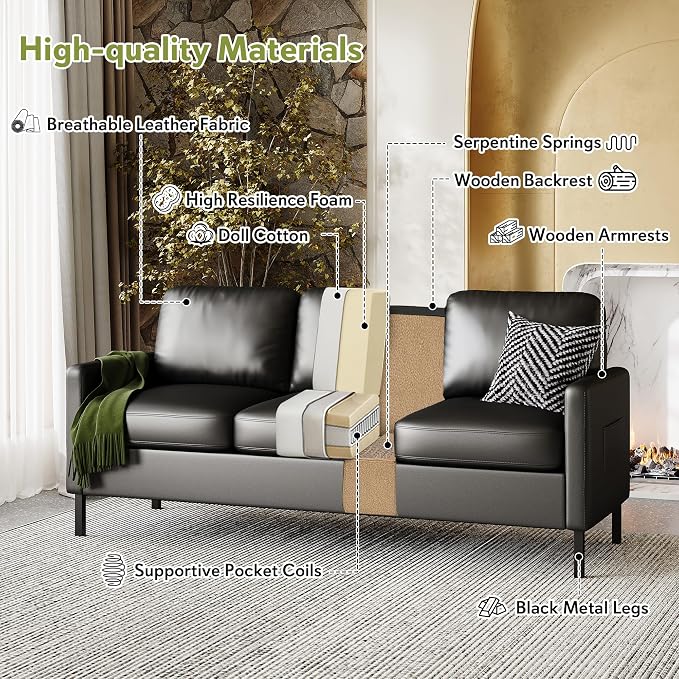 STHOUYN 72" W Faux Leather Black Sofa 3 Seat Couch, Modern Comfy Couch with 2 USB, Small Couches for Living Room Apartment Bedroom Small Spaces, Office(Black)