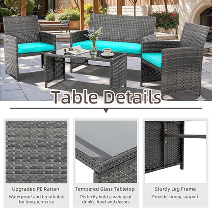 4 Piece Patio Ratten Set Outdoor Furniture Set Wicker Conversation Sets with Cushions and Tempered Glass Tabletop,Blue