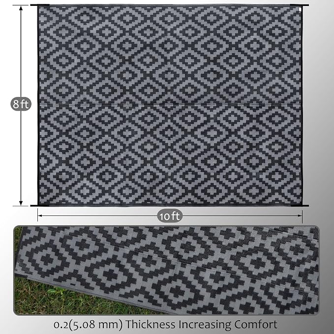SAND MINE Waterproof Outdoor Rug 8x10 ft, Plastic Reversible Rug, Modern Area Rug, Large Floor Mat for Outdoors, RV, Patio, Backyard, Deck, Picnic, Beach, Camping (8' x 10', Black Grey Lattice)