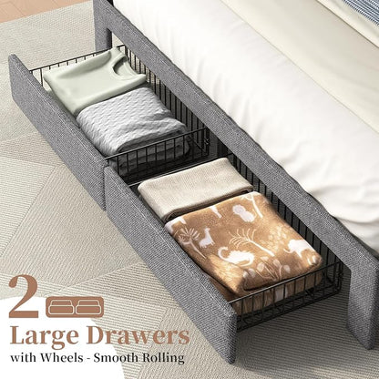 Full Size Bed Frame with Storage Headboard, Upholstered Full Bed Frame with LED Lights, USB Charging Station & 2 Storage Drawers, No Box Spring Needed, Light Grey