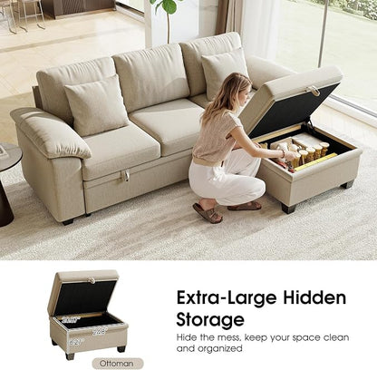 86" Modular Sectional Sleeper Sofa Bed, L Shaped 4 Seat Pull Out Couch with Storage Ottoman, Convertible Cloud Couch Bed, Sectional Couches for Living Room, Apartment (Sand)