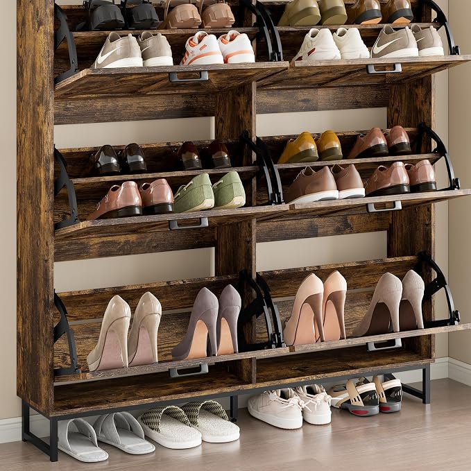 BORNOON Shoe Cabinet with 6 Flip Drawers Narrow Shoe Storage Cabinet Organizer Wooden Freestanding Shoe Rack Hidden Slim Shoes Storage Cabinet for Entryway, Hallway, Living Room, Bedroom