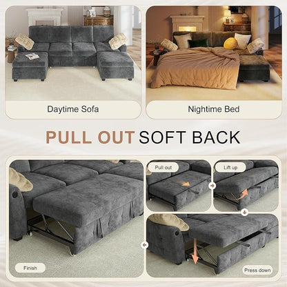 Hanherry 104" Sectional Couch with Pull Out Sofa Bed,Chenille Sleeper Sofa with Storage Ottoman & USB Charging,Comfy U Shaped Modular Couches for Living Room,Apartment