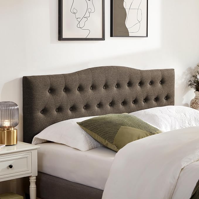Tufted Headboard Full Size, Solid Wood Adjustable Height Head Board, Brown | Upholstered Full XL Headboard Only with Durable Solid Wood Legs, Adjustable Height 37-51 in, Fabric Button Diamond HeadBoards