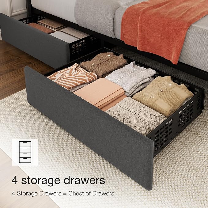 IDEALHOUSE King Linen Upholstered Bed Frame with 4 Storage Drawers, Adjustable Headboard and Wooden Slats Support, No Box Spring Needed, Grey