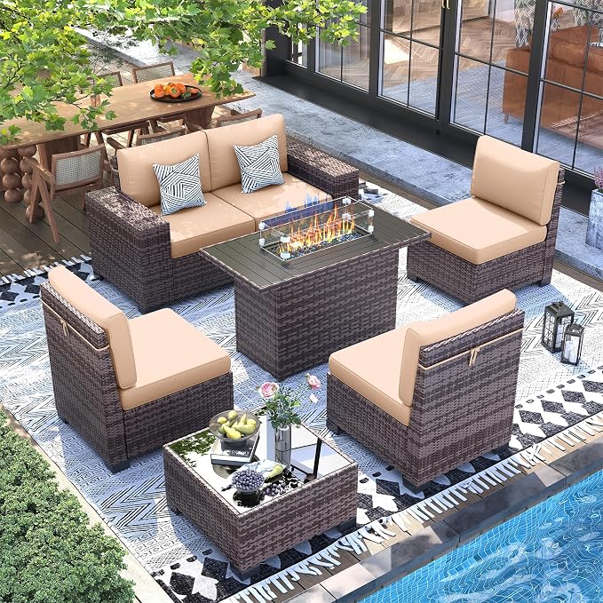 UDPATIO Patio Furniture Set with Fire Pit Table, 8 Inch Armrest 7 Piece Outdoor Sectional Sofas, All-Weather Wicker Conversation for Garden, Backyard, Brown/Khaki